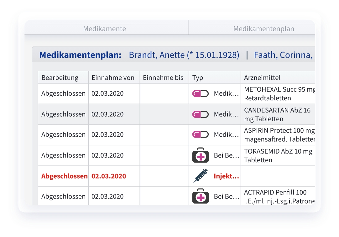 Bild des Softwaremoduls Medikamentenplan mit tabellarischer Darstellung von Medikamenten