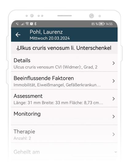 Bild der Details einer Wunderfassung aus der CareAssist-App