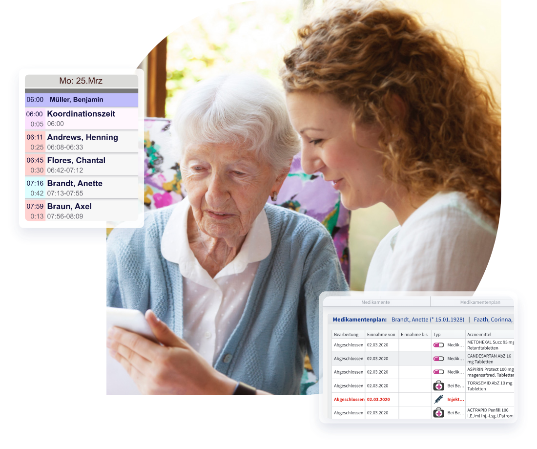 Bilder aus der Software von Medikamentenplan, Tourenplan und der CareAssist-App